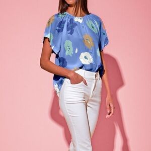 Tucker Short Sleeve Classic Blouse Cornflower Poppies Silk Crepe de Chine XS B22